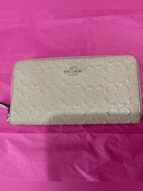 Coach Zip-Around Signature Embossed Wallet in Taupe